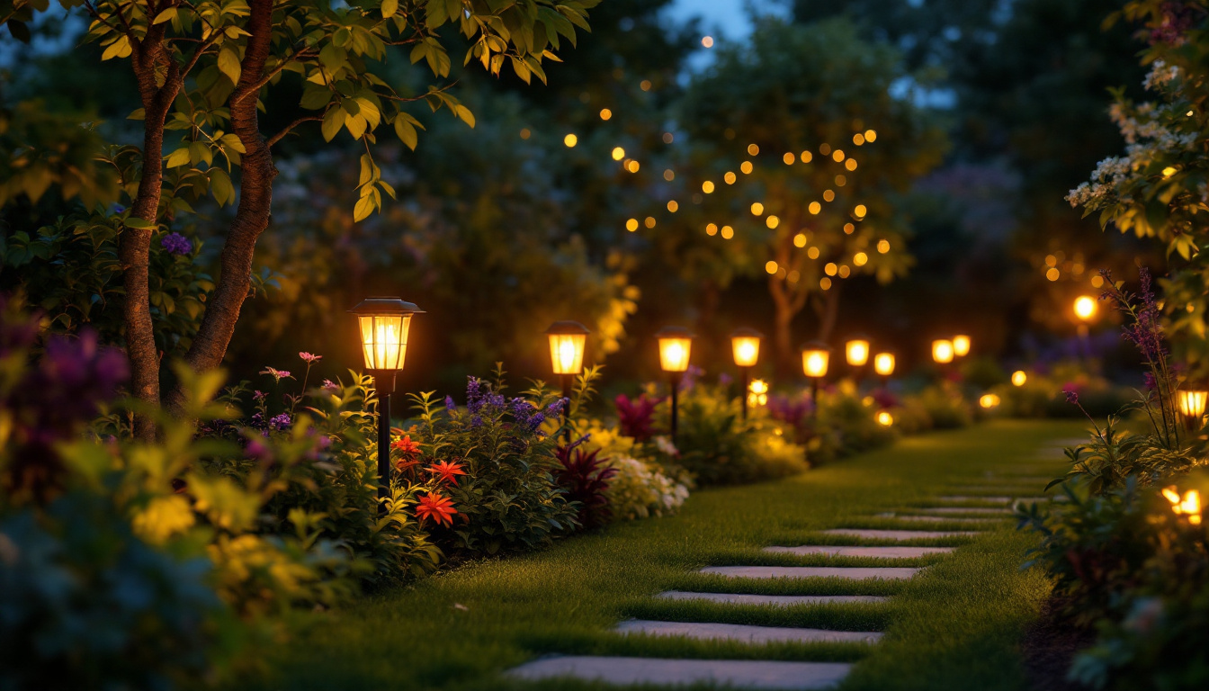 A photograph of a beautifully illuminated garden at dusk