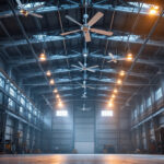 A photograph of a spacious warehouse interior showcasing industrial ceiling fans in action