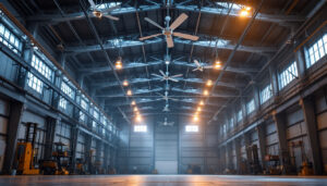 A photograph of a spacious warehouse interior showcasing industrial ceiling fans in action