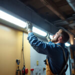 A photograph of a skilled lighting contractor installing t8 led tubes in a commercial space