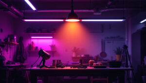 A photograph of a well-lit workshop or garage featuring dimmable led shop lights in action