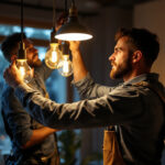 A photograph of a skilled lighting contractor expertly installing or adjusting modern
