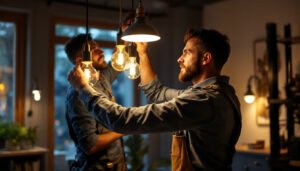 A photograph of a skilled lighting contractor expertly installing or adjusting modern