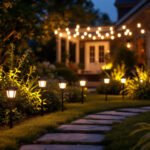 A photograph of a beautifully illuminated outdoor space at night featuring solar lights in various settings