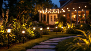 A photograph of a beautifully illuminated outdoor space at night featuring solar lights in various settings