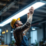 A photograph of a lighting contractor expertly installing a modern fluorescent light fixture in a well-lit workspace