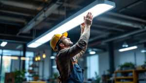 A photograph of a lighting contractor expertly installing a modern fluorescent light fixture in a well-lit workspace