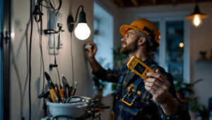 A photograph of a lighting contractor in action