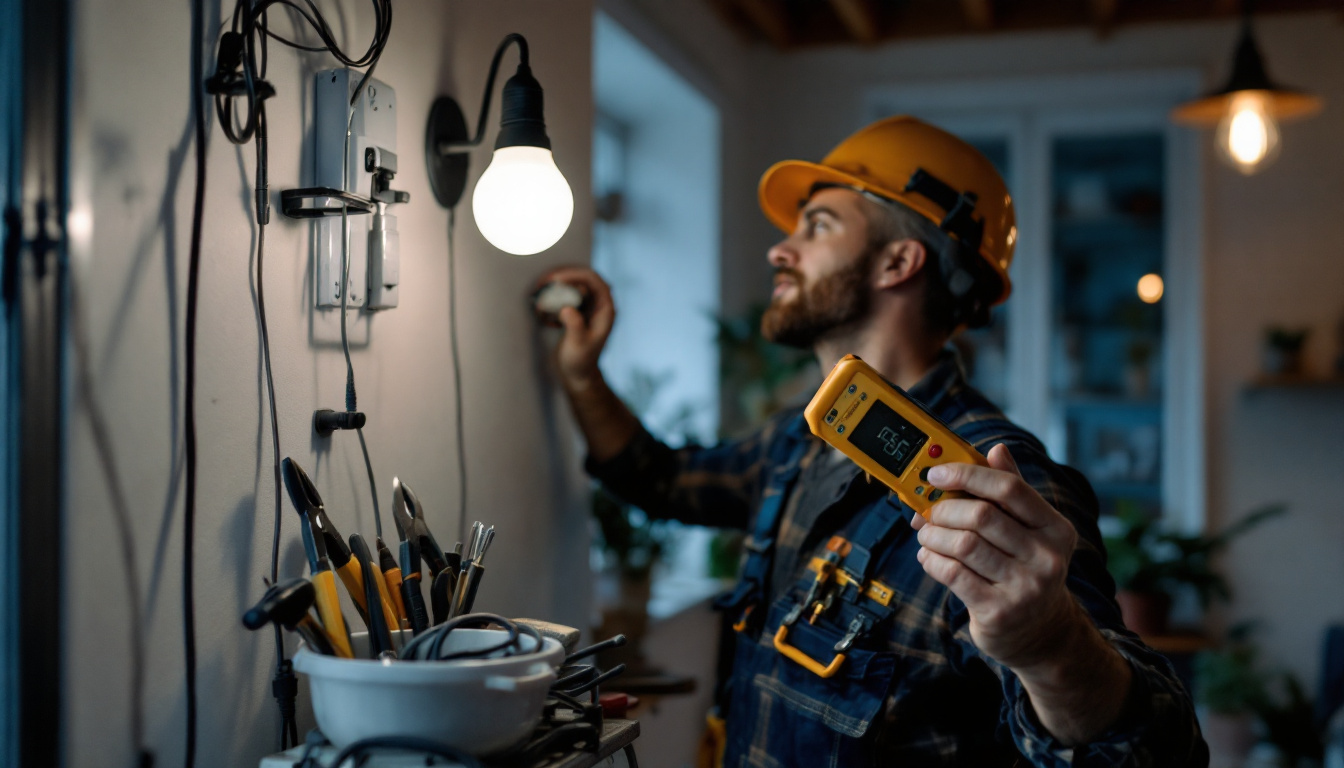 A photograph of a lighting contractor in action