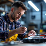 A photograph of a lighting contractor examining an led driver in a well-lit workspace