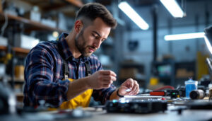 A photograph of a lighting contractor examining an led driver in a well-lit workspace