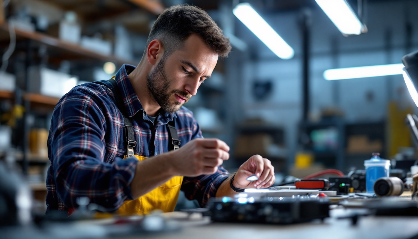 A photograph of a lighting contractor examining an led driver in a well-lit workspace