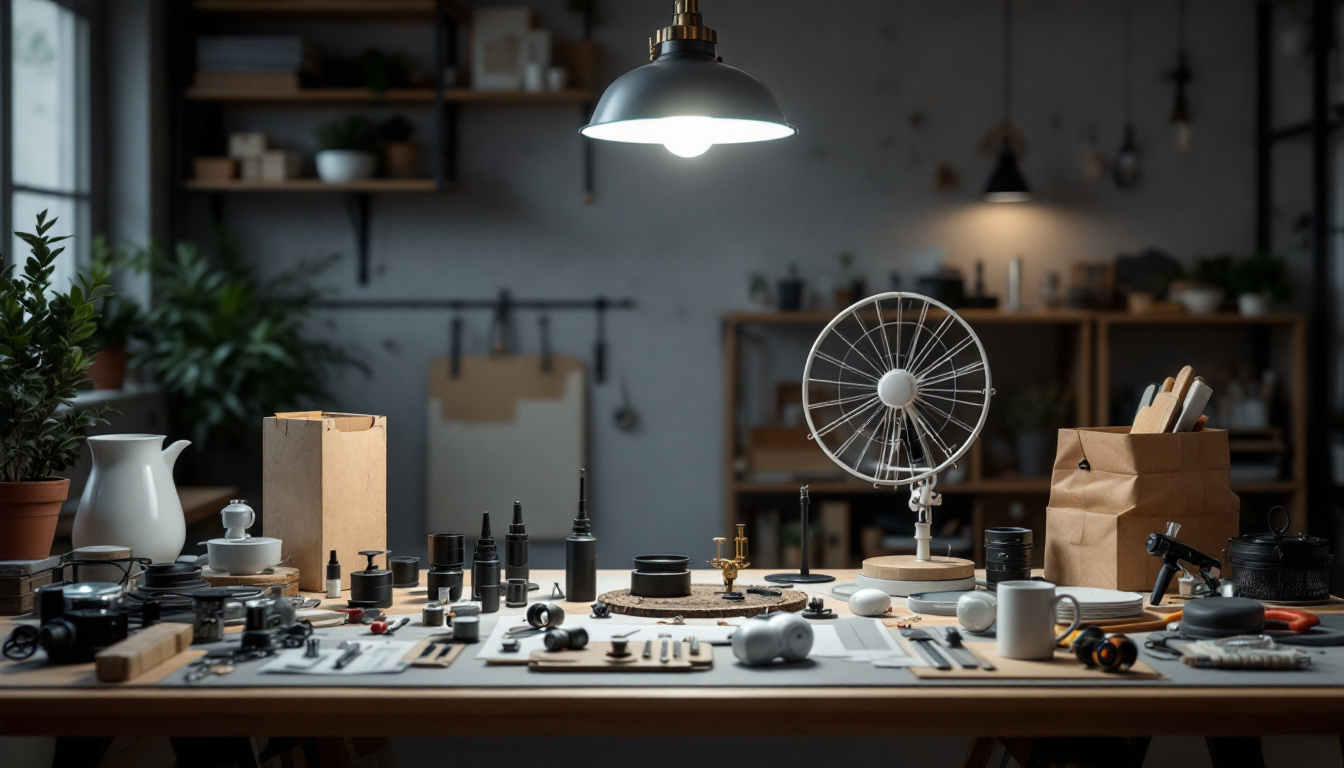 A photograph of a beautifully arranged hanging light fixture kit displayed in a well-lit workspace