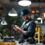 A photograph of a skilled lighting contractor working on an installation