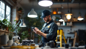 A photograph of a skilled lighting contractor working on an installation