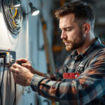 A photograph of a skilled lighting contractor working intently on a modern electrical outlet installation