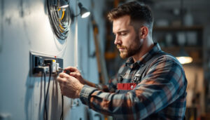 A photograph of a skilled lighting contractor working intently on a modern electrical outlet installation