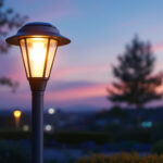 A photograph of a solar power lamp post illuminated at dusk