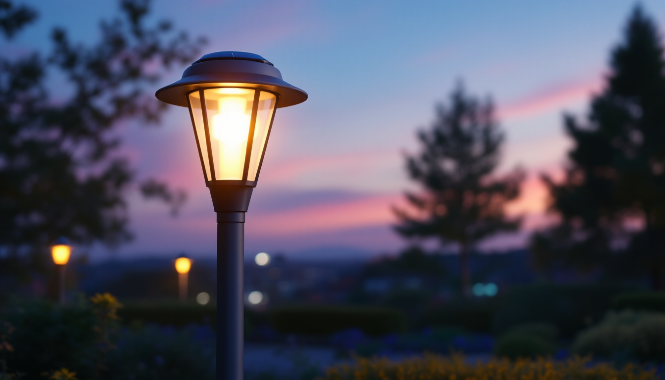 A photograph of a solar power lamp post illuminated at dusk