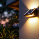A photograph of a beautifully installed wall mount solar light illuminating an outdoor space at dusk
