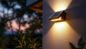 A photograph of a beautifully installed wall mount solar light illuminating an outdoor space at dusk