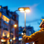 A photograph of a modern led street light illuminating a vibrant urban street scene at dusk