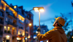 A photograph of a modern led street light illuminating a vibrant urban street scene at dusk