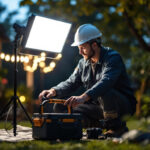 A photograph of a lighting contractor in action