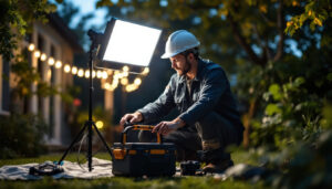 A photograph of a lighting contractor in action