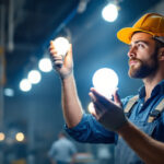 A photograph of a lighting contractor examining and installing 4ft light bulbs in a commercial setting