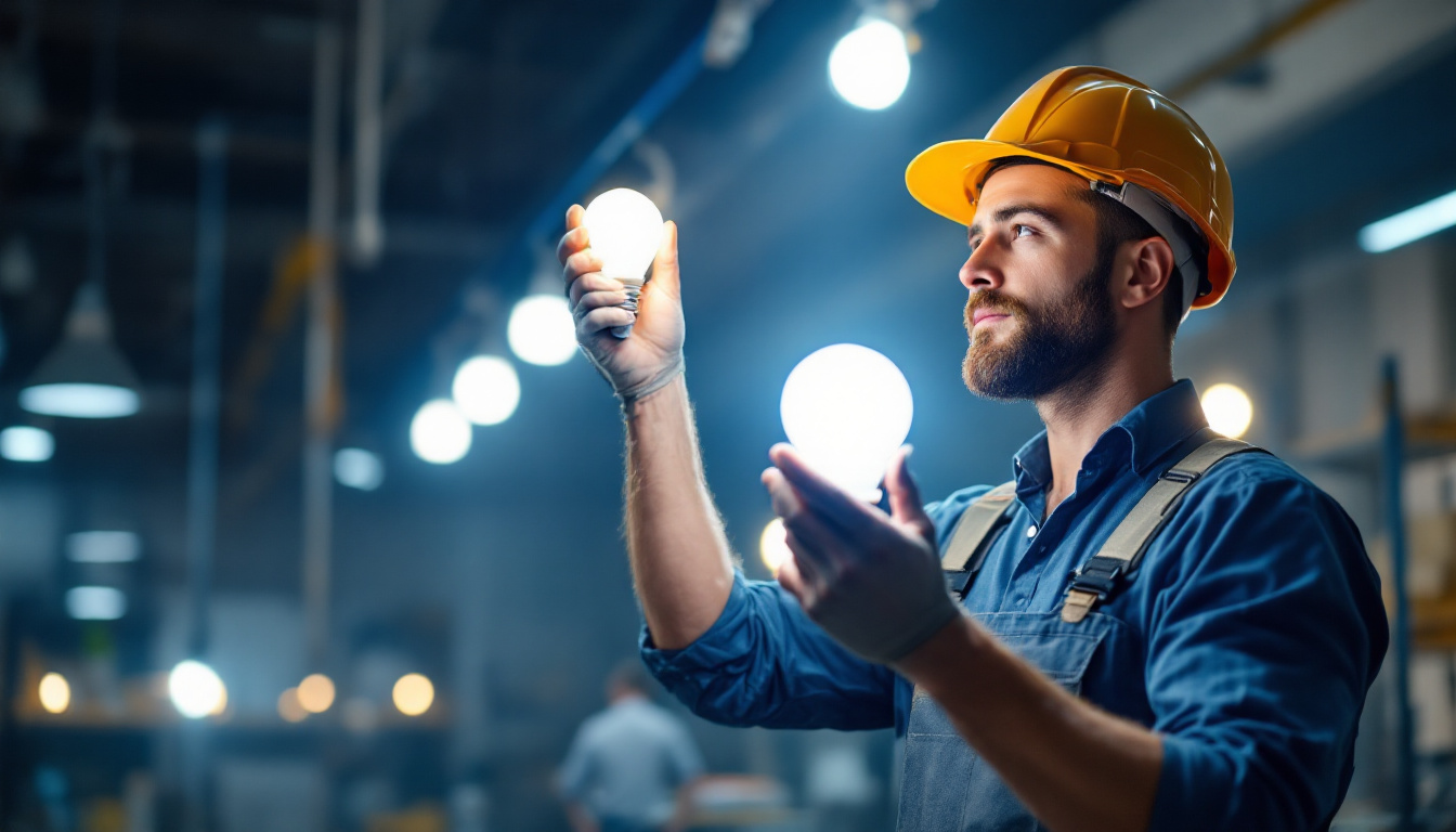 A photograph of a lighting contractor examining and installing 4ft light bulbs in a commercial setting