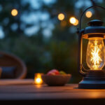 A photograph of a beautifully designed outdoor electric lantern illuminating a cozy outdoor space