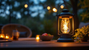 A photograph of a beautifully designed outdoor electric lantern illuminating a cozy outdoor space