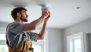 A photograph of a lighting contractor installing a ceiling motion detector in a residential setting