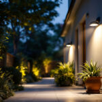 A photograph of a well-lit outdoor space showcasing various motion sensor lights in action