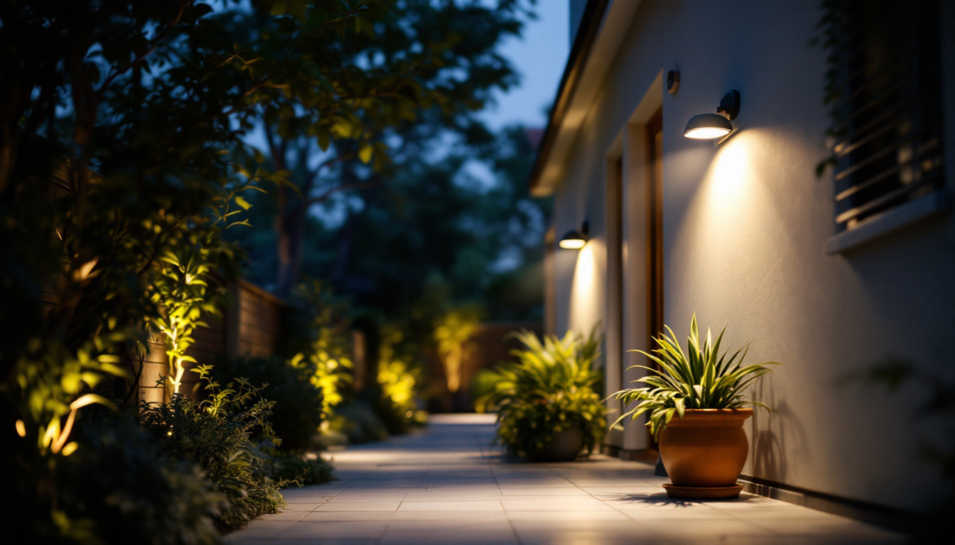 A photograph of a well-lit outdoor space showcasing various motion sensor lights in action
