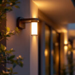 A photograph of a modern dusk-to-dawn light fitting installed in an outdoor setting