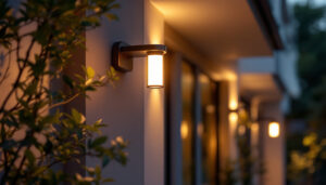 A photograph of a modern dusk-to-dawn light fitting installed in an outdoor setting