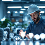 A photograph of a lighting contractor examining a range of osram sylvania lamps in a well-lit workspace