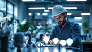 A photograph of a lighting contractor examining a range of osram sylvania lamps in a well-lit workspace
