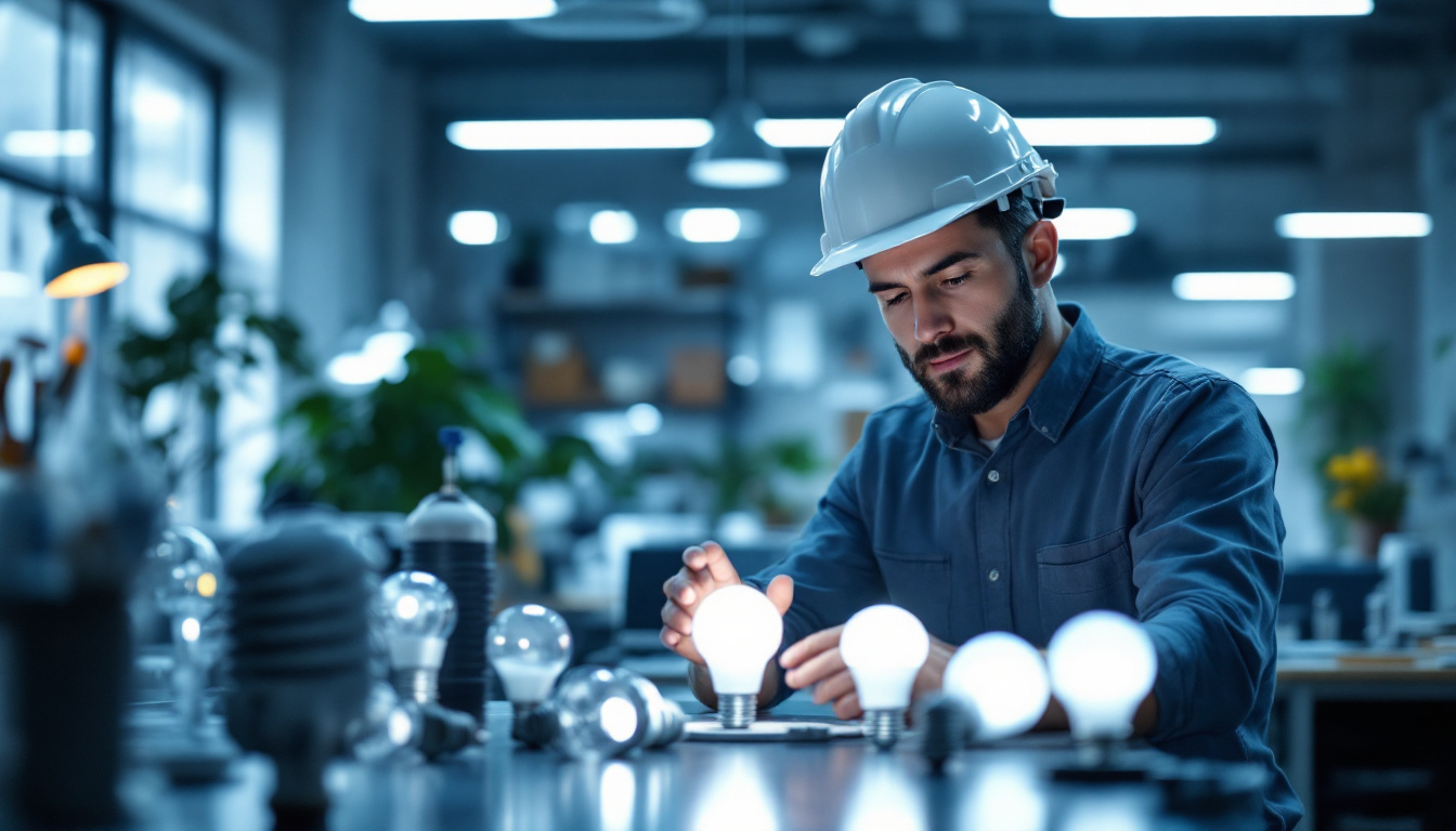 A photograph of a lighting contractor examining a range of osram sylvania lamps in a well-lit workspace