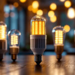 A photograph of a well-lit indoor or outdoor setting showcasing various led corn bulbs in use