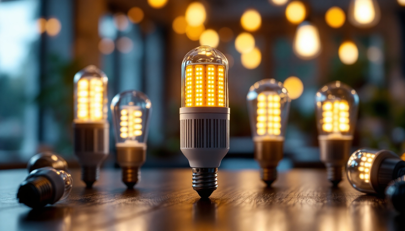 A photograph of a well-lit indoor or outdoor setting showcasing various led corn bulbs in use