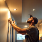 A photograph of a skilled lighting contractor installing recessed lighting in a modern home
