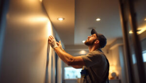 A photograph of a skilled lighting contractor installing recessed lighting in a modern home