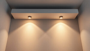 A photograph of a beautifully designed room featuring two recessed lights in an aesthetically pleasing arrangement