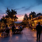A photograph of capture a photograph of a beautifully illuminated outdoor patio featuring stylish led lights