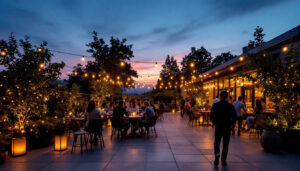 A photograph of capture a photograph of a beautifully illuminated outdoor patio featuring stylish led lights