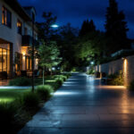 A photograph of a well-lit outdoor space showcasing various lighting products in use