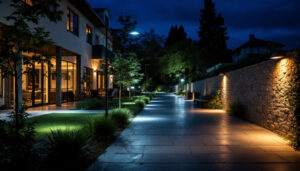 A photograph of a well-lit outdoor space showcasing various lighting products in use